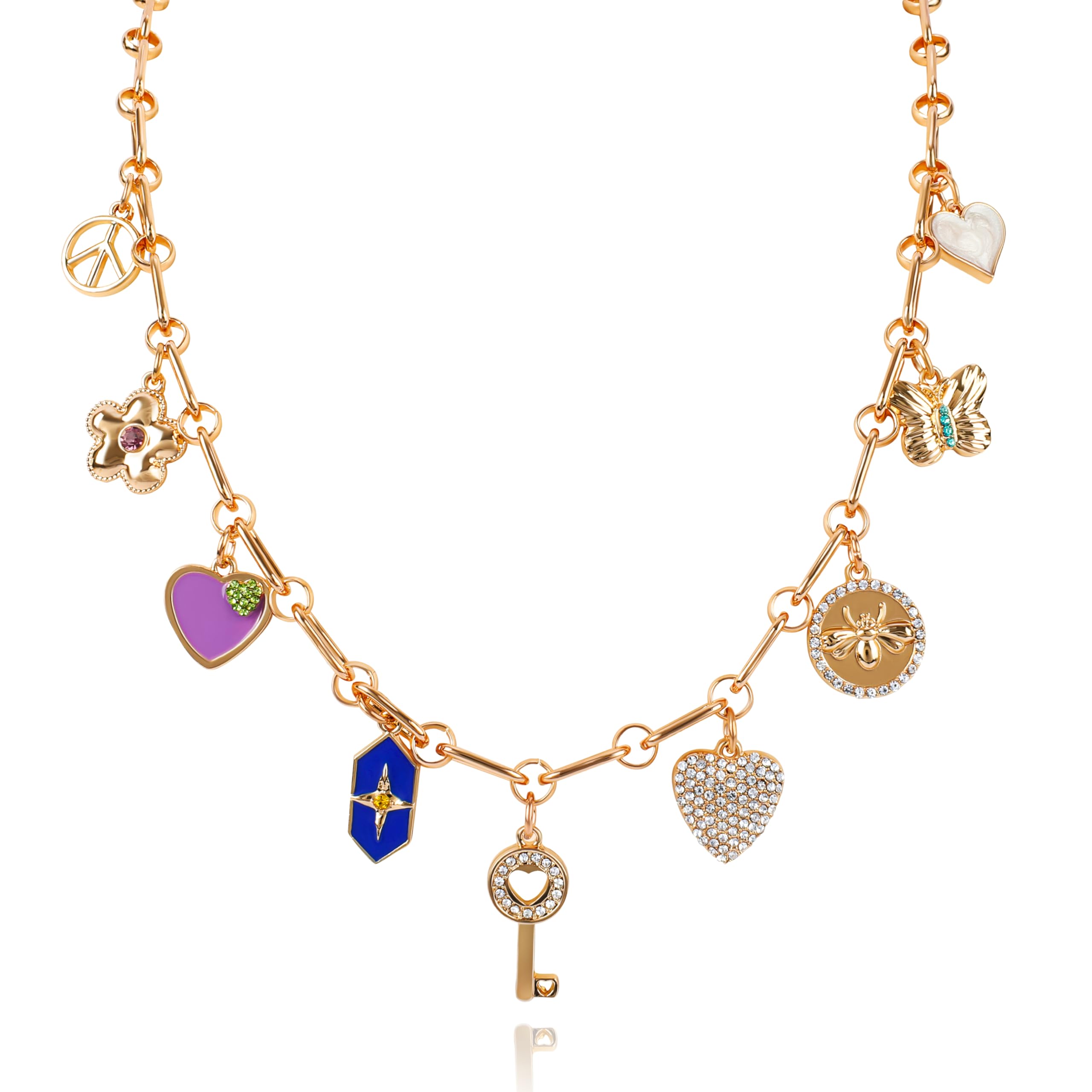 Gold Charm Necklace for Women Fun Cubic Zirconia Key Necklace with Cute Flower Butterfly Bee Peace Sign Colorful Enamel Love Heart Cross Star Pendant Adjustable Chain Party Jewelry Gift for Women