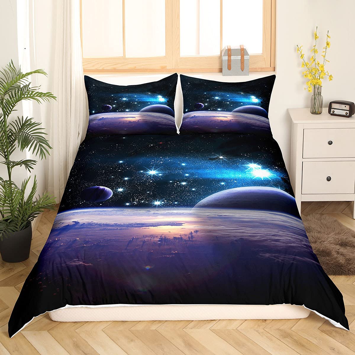 Loussiesd Space Duvet Cover Set Single for Girls Boys Luminous Planet Print Bedding Set Galaxy Starlight Chic Comforter Cover with 1 Pillow Shams Stars Bedding Microfiber Bedspread Cover Zipper 2 Pcs — image 1