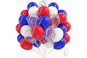 BAUANOOY Red White and Blue Balloons, 60pcs 12 Inch Red White and Blue Decorations with Confetti Balloons for Independence Day Patriotic Anniversary Veterans Day Graduation Birthday Party Decorations