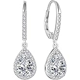 FJ Teardrop Dangle Drop Earrings 925 Sterling Silver Halo Leverback Earrings Birthstone Jewelry Gifts for Women