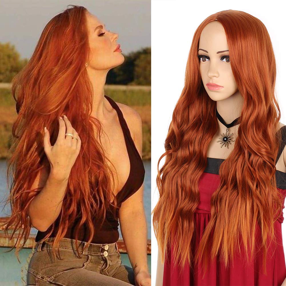 Xtrend 24 Inch Copper Red Natural Wavy Wig Long Ginger Curly Wavy Wig for Black White Women Middle Part Natural Looking Heat Resistant Replacement Wigs for Daily Use