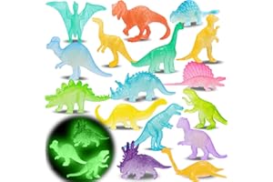 AUGTOY 16PCS Glow in Dark Mini Dinosaur Figures for Kids Birthday Party Favors Supplies Dino Cupcake Topper Goodie Treat Bag Stuffers Pinata Easter Egg Fillers Treasure Carnival Prizes Small Bulk Toy Trinket