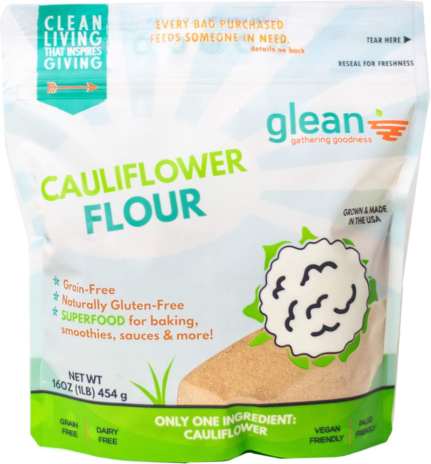 Glean Cauliflower Goodness | Gluten Free Cauliflower Flour and Powder | Paleo, Vegan, Vegetarian, Soy-Free, Non-GMO, Low Carb (13 Net Carb), Low Sugar | For Pizza crust, Pasta, & Gnocci | 16 oz.(1 lb)