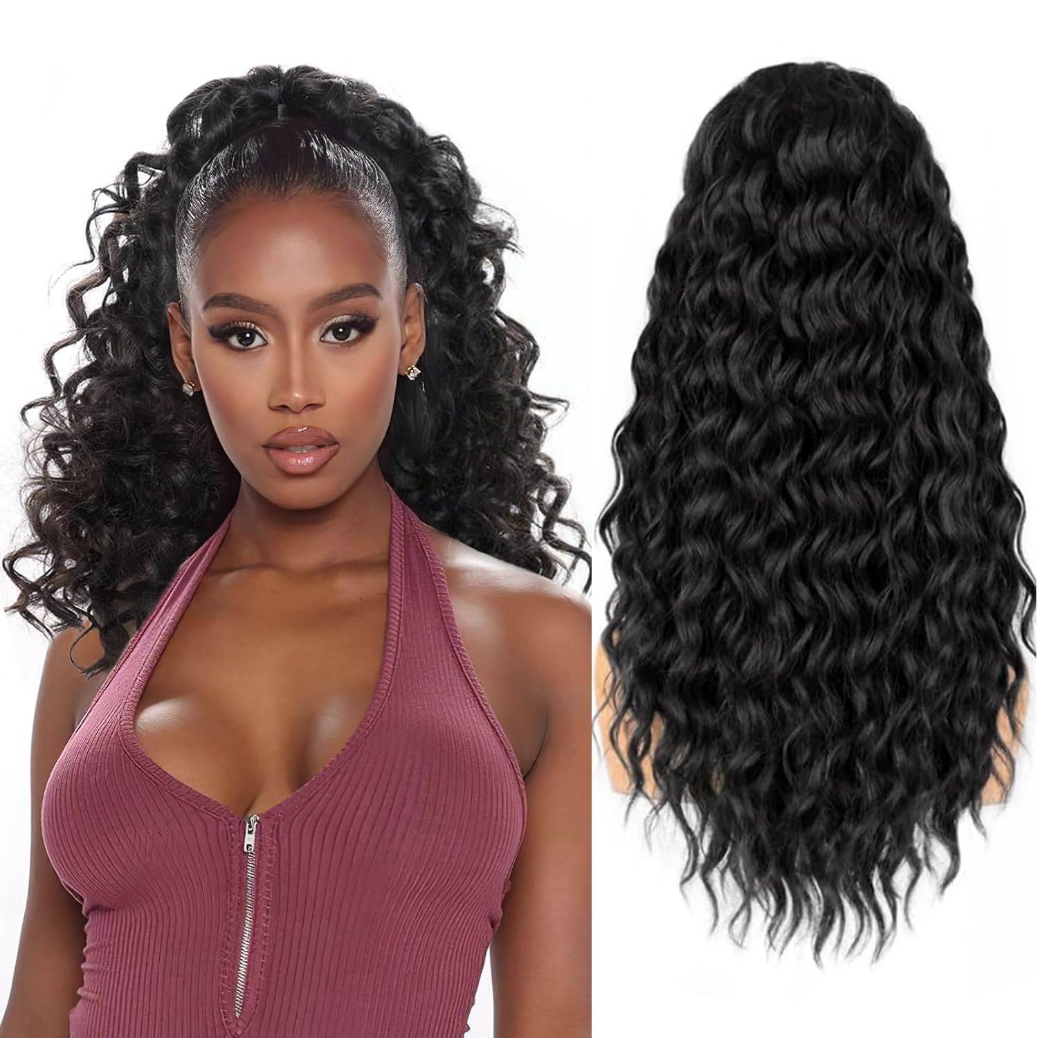 Afro Kinky Curly Ponytail for Women Drawstring Ponytail Synthetic Hair Extension Afro Drawstring Curly Pony tail with Clip in Hairpiece (Black 1B#, 18 inches)