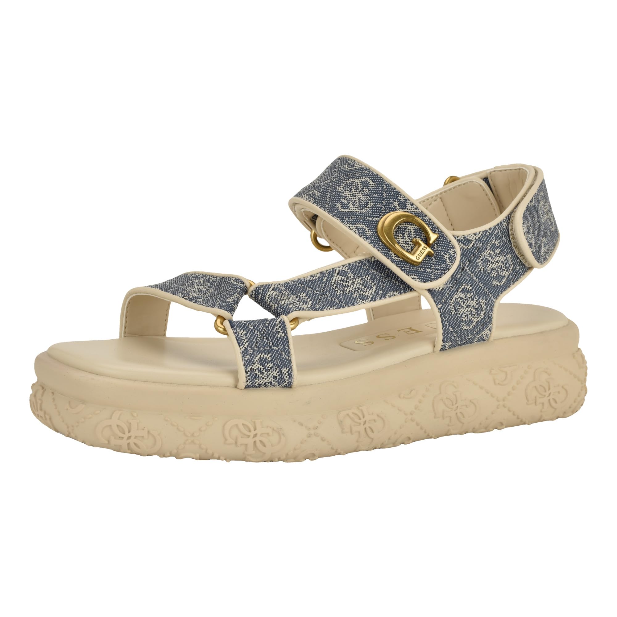 Guess Women’s Lanara Sandal, Medium Blue/Light Natural Logo 420, 5.5