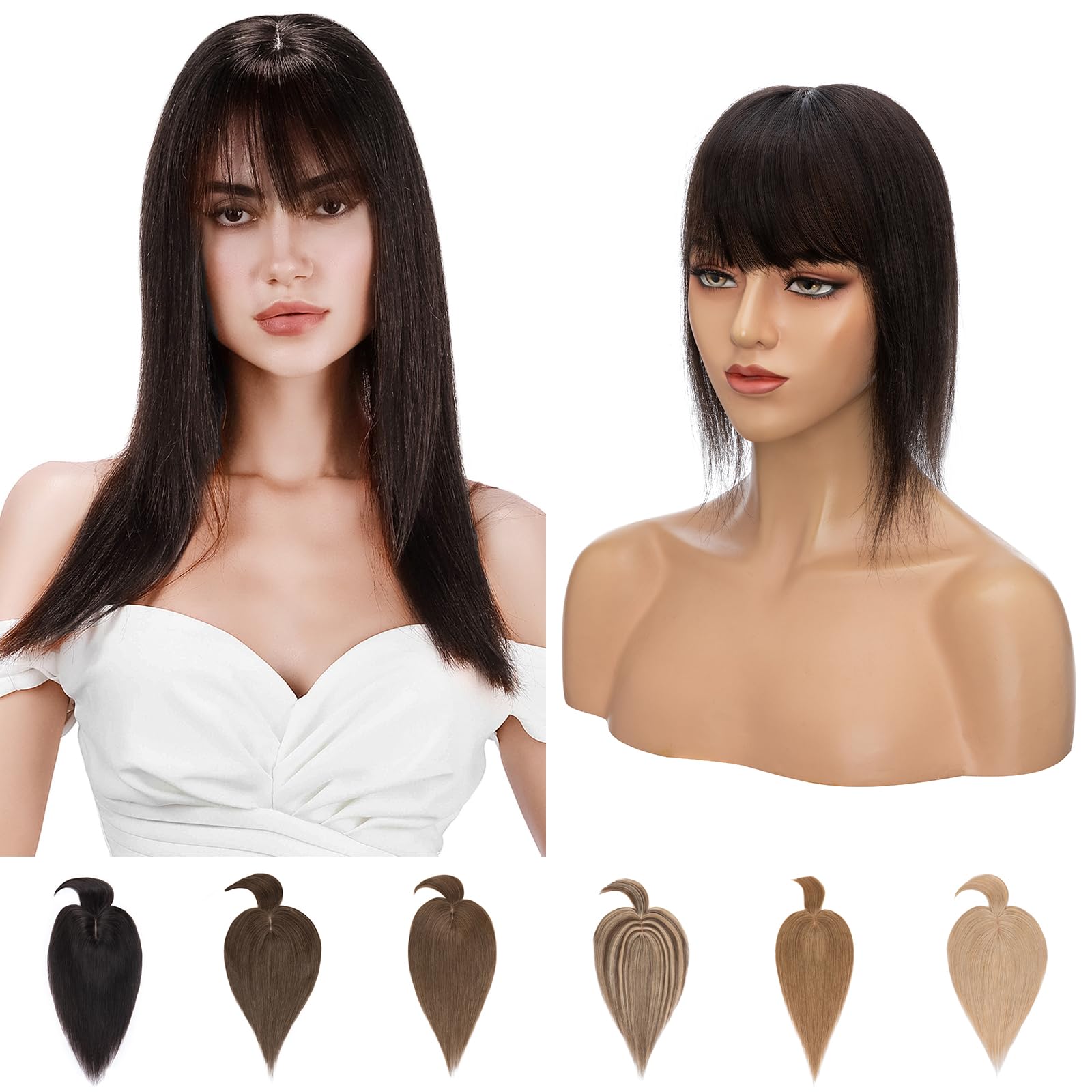Silk-co Hair Topper for Thinning Hair Women with Fringe Real Human Hair Clip in Hair Extension Crown Toppiece 7 * 13cm Base 150% Density 10inch #1B Natural Black