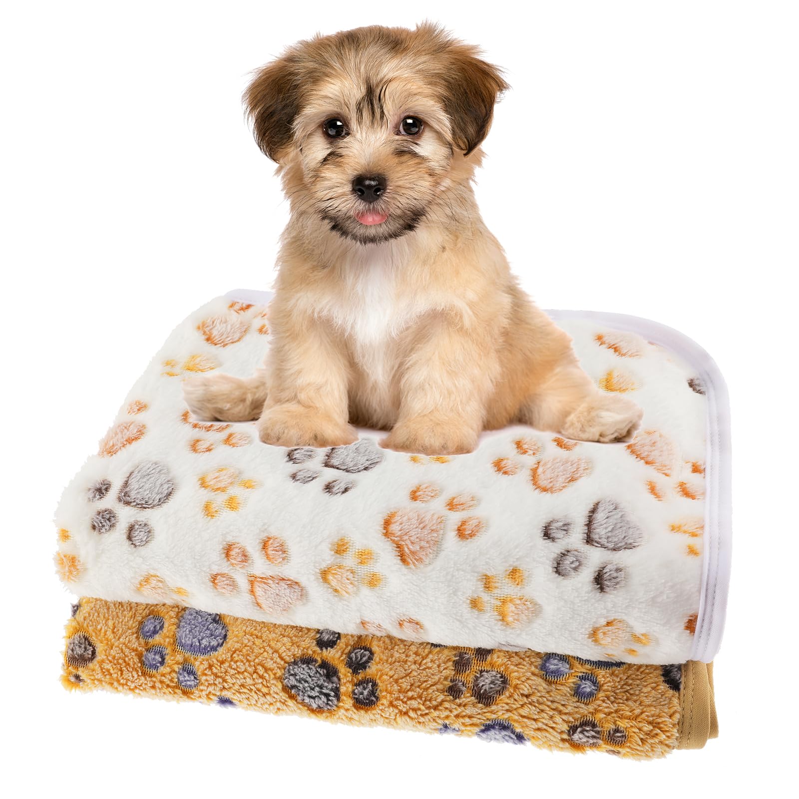 WLLHYF Pet Blanket 2 PCS Flannel Cozy Warm Calming Blanket Paw Print Throw Bed Cover for Cat Dogs Puppy Kitten, Brown White Small (23x16 Inch)