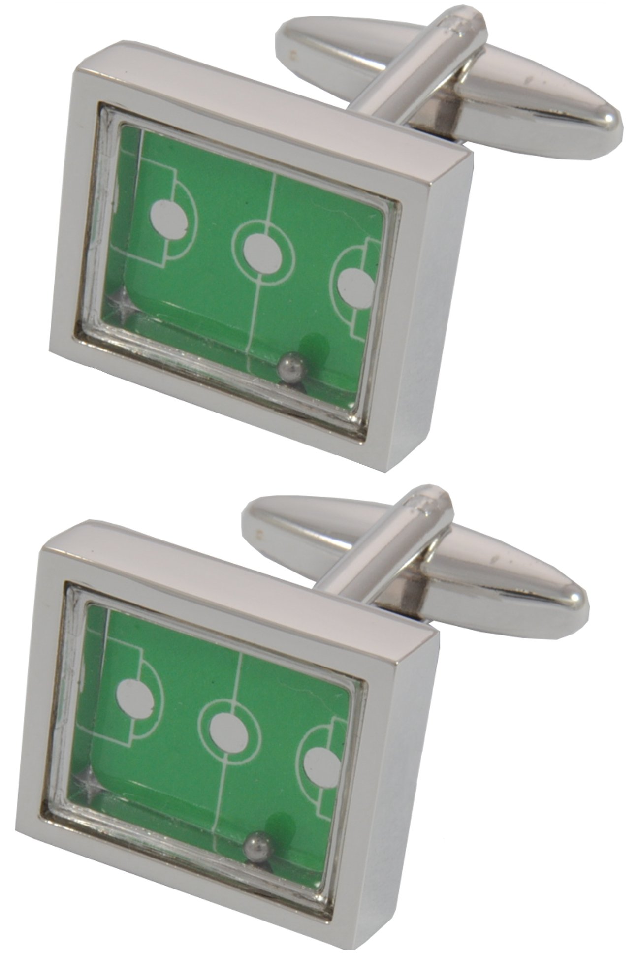 Cufflinks for Men + Presentation Box - Football Fun Green - Football Pitch With Moving Ball - Brass Metal - Rectangle Sports Fans Match Soccer Game - Silver and Green Colour - One Pair