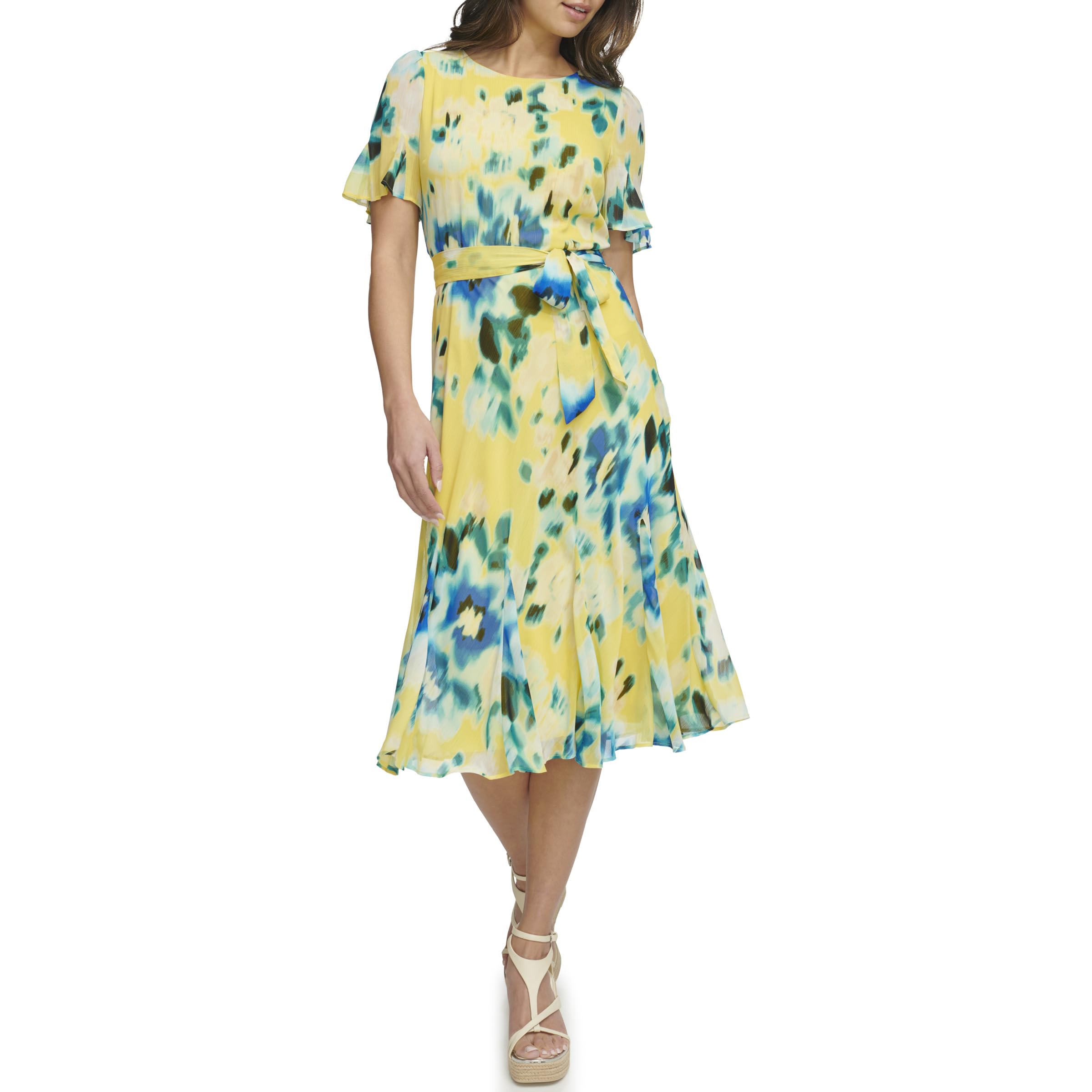 DKNY Women’s Flutter Sleeve V-Neck Dress, Lemon Zest