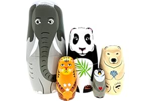 Kakeah Long-Nosed Elephant Nesting Dolls Wooden Matryoshka Russian Doll Handmade Stacking Toy Set 5 Pieces for Kids
