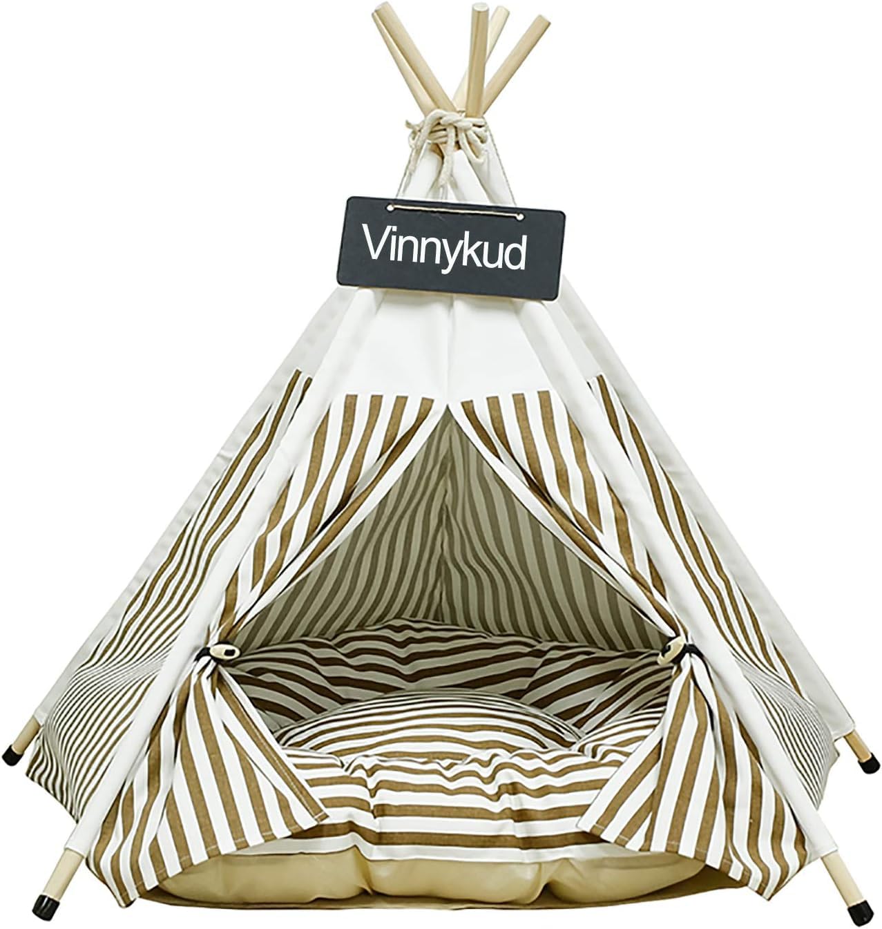 Vinnykud Pets Teepee Dogs Tent Stripes Removable and Washable Cats Tents Dog/Cat Bed Play House With Cushion (COFFEE, L:60x60x70cm)