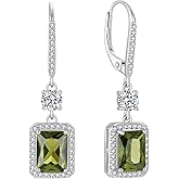FJ Princess Cut Dangle Drop Earrings 925 Sterling Silver Square Halo Leverback Earrings Birthstone Jewelry for Women