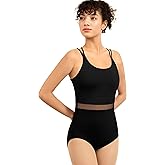Sanmsoner Women Long Sleeve Dance Leotard for Ballet V-Mesh Mock Neck Dancewear,Water-drop Hollow Back,Chest Lining