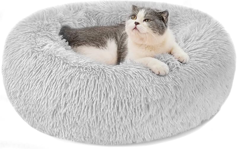 Nepfaivy Calming Dog Cat Donut Bed 15.75in Grey Non-Slip Washable