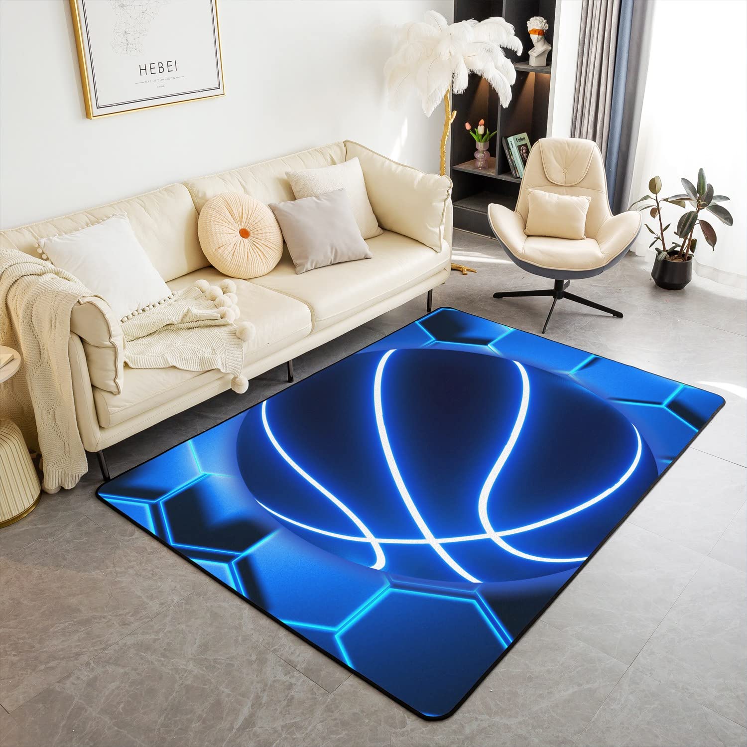 Blue Basketball Area Rug 5x6'6'' Abstract Neon Light Honeycomb Grid Non Slip Rug for Kids Boys Teens Geometric Plaid Extreme Sports Style Indoor Floor Mat for Couch Bedroom