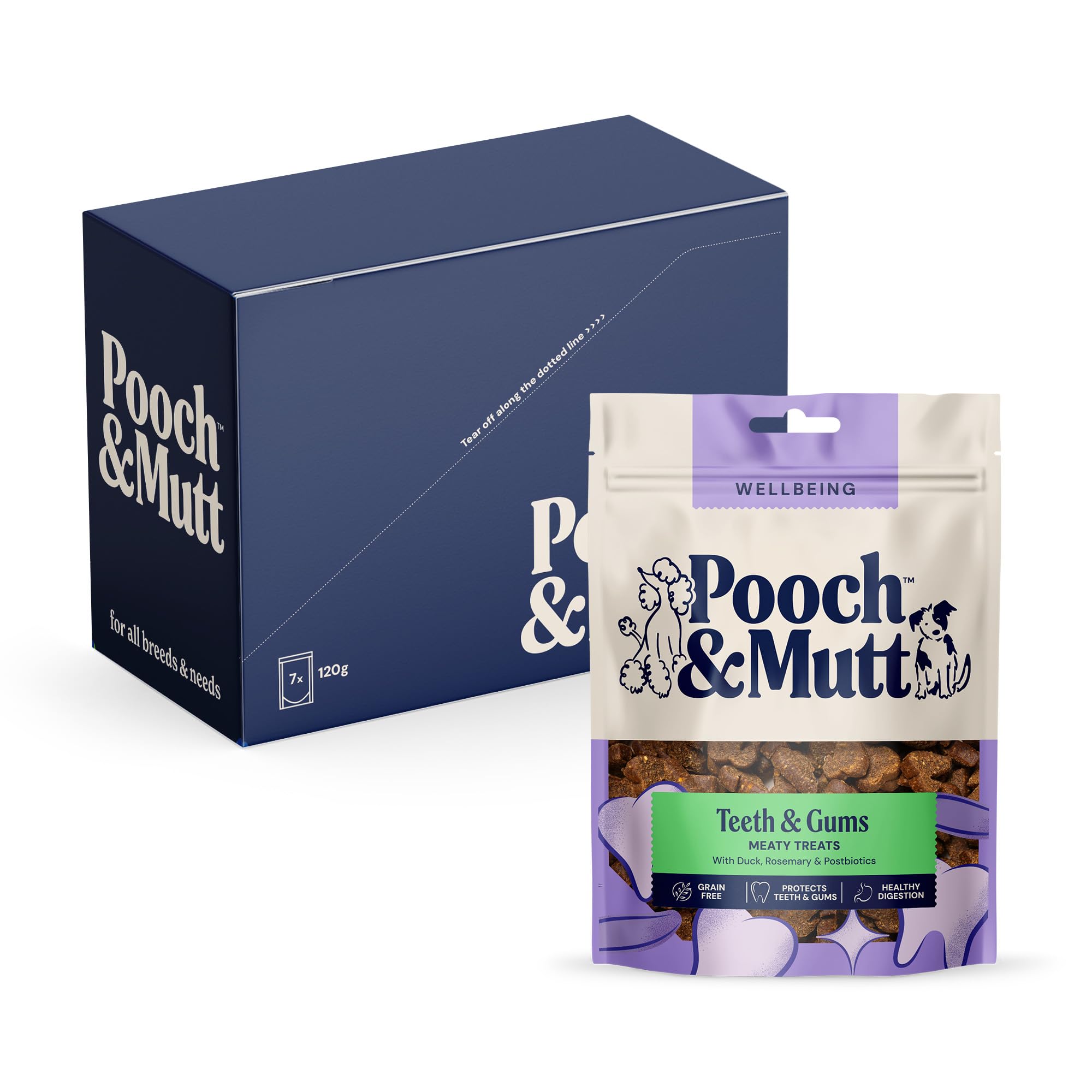 Pooch & Mutt - Teeth & Gums Meaty Treats, Dog Treats Grain Free, for Fresh Breath and Skin Care, Duck & Rosemary, Pack of 7x120g (packaging may vary)