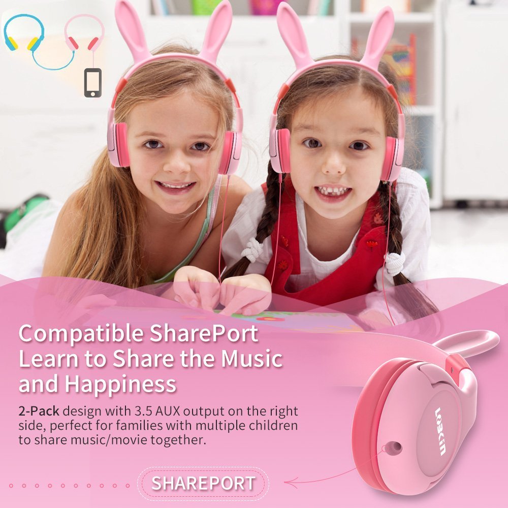 Kids Headphones, Lobkin Bunny Ear Wired On-Ear Earphones,Bluetooth Headsets Kids Friendly Safe Food Grade Material,Children Volume Limited Headphones -Pink
