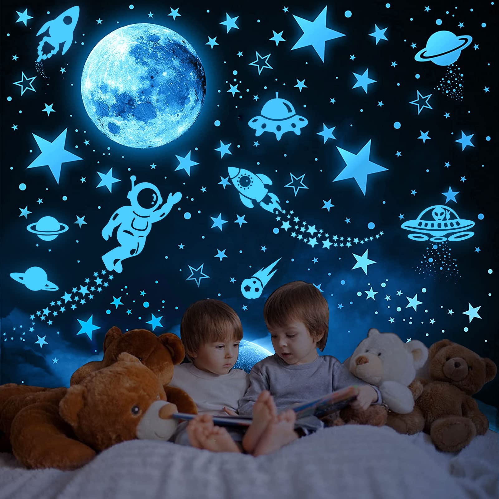 Glow in The Dark Stickers 1199pcs Luminous Stars Moon Rocket and Planets Wall Stickers for Ceiling Or Walls,Glow Brighter and Longer Perfect for Girls Boys Kids Bedroom Living Room Decoration — image 1