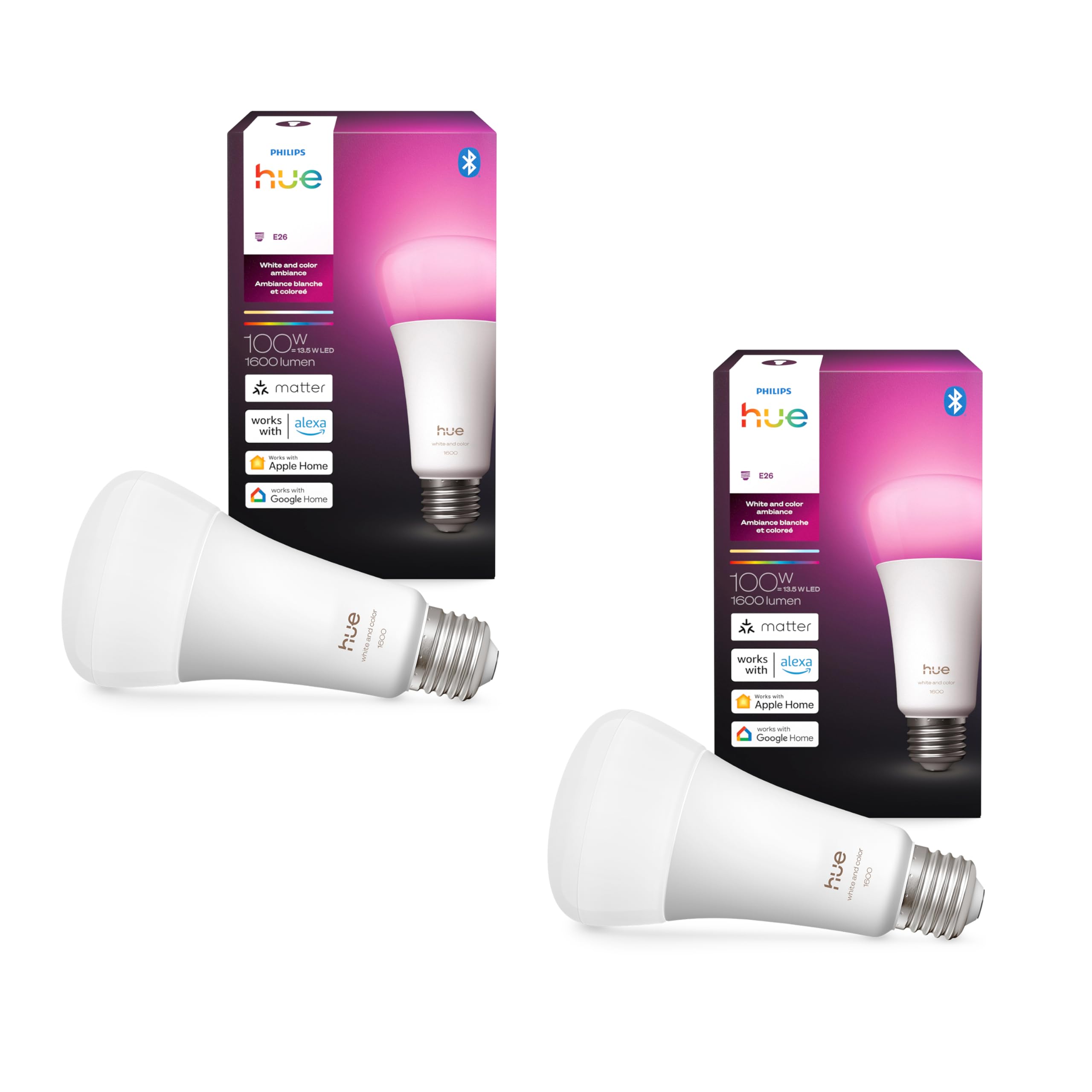 Philips Hue Smart LED A21 Bulb,White and Color Ambiance, E26 Base,13.5W, Full Spectrum Light 1000K-20000K,1600 Lumens, Dimmable, Compatible with Alexa, Google, Apple Home, 2pk Image