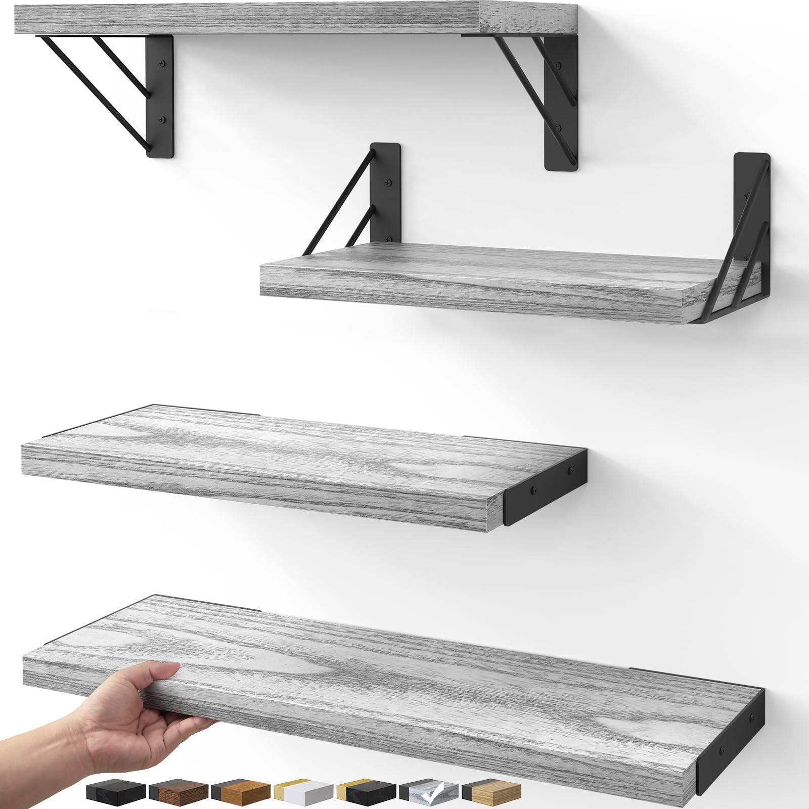 Photo 1 of BAYKA Wall Shelves for Bedroom Decor, Floating Wall Shelves for Living Room Kitchen Storage, Wall Mounted Rustic Wood Floating Shelves for Kids Books, Corner Shelf for Bathroom(Gray White?Set of 4)