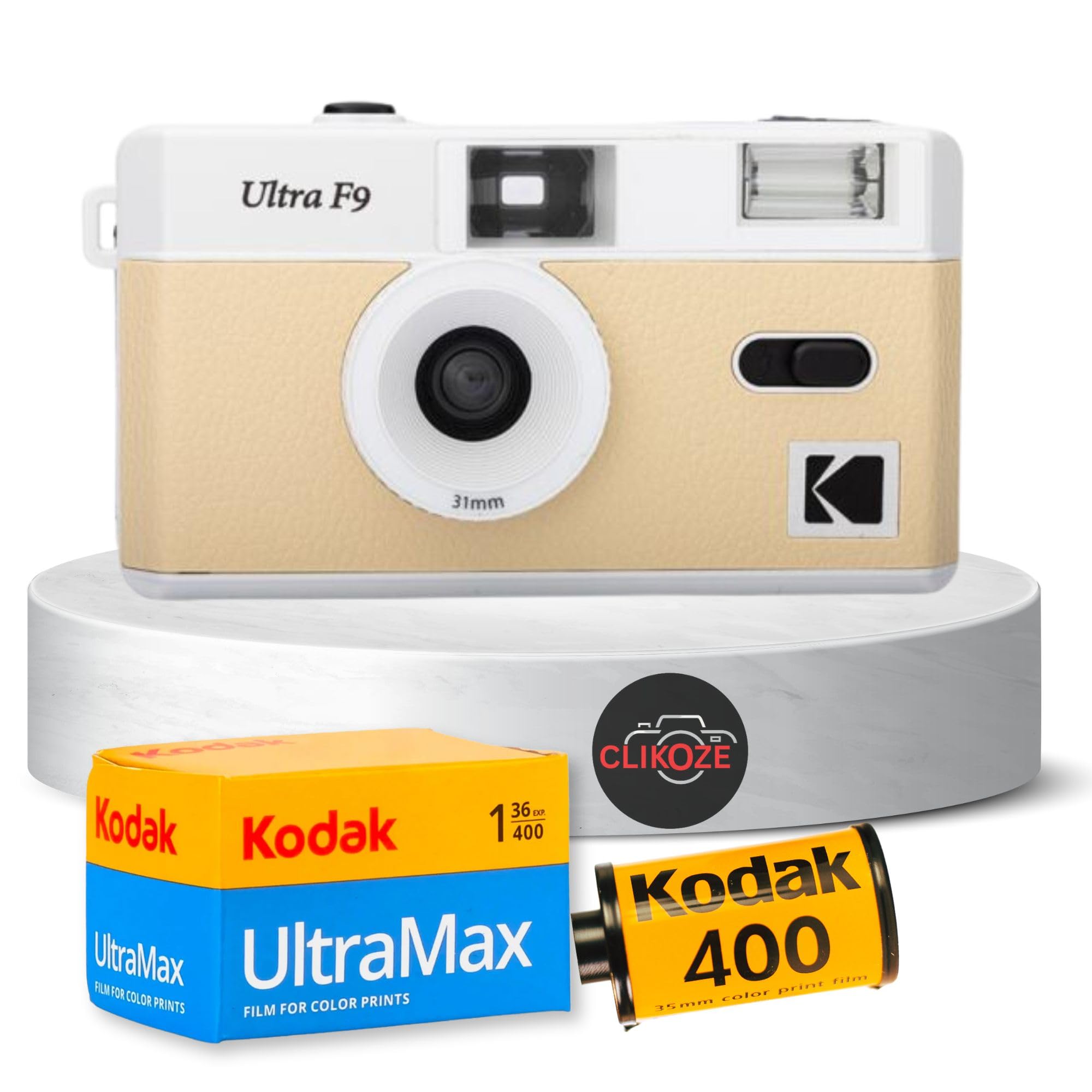Reusable Film Camera Bundle Includes a Light Beige Kodak Ultra F9 Film Camera, Kodak Ultramax 35 mm Film 36 Exposures and Clikoze Camera Film Photography Tips Card