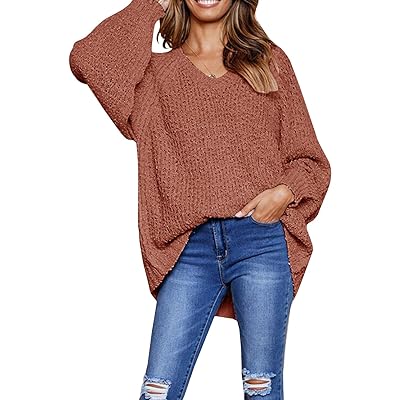 Color Sweaters V Neck Batwing Oversized Sweaters ANRABESS Women's