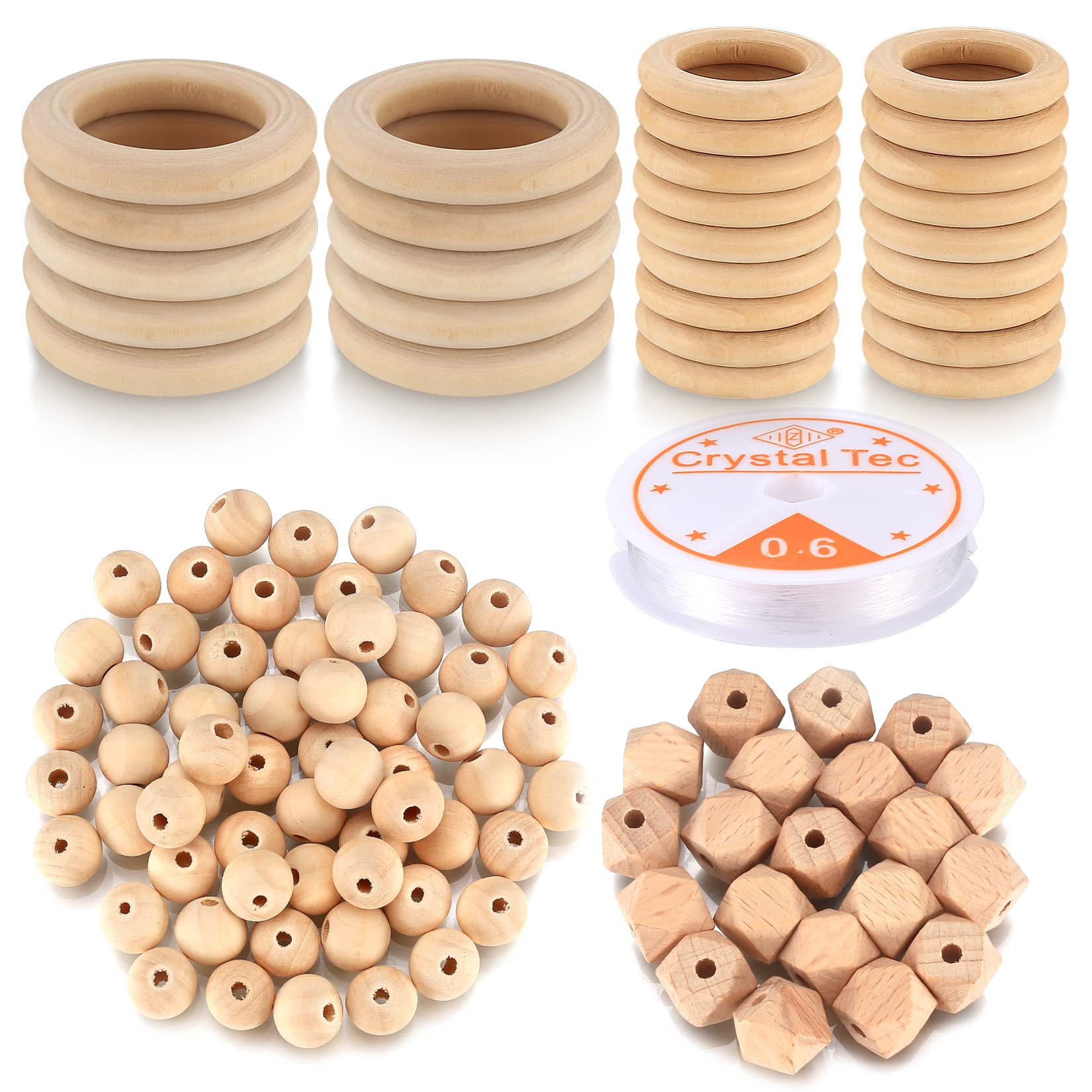 110 Pcs Macrame Wooden Beads and Rings Set, Including 30 Pcs 35mm/50mm Macrame Wooden Rings Circles for Crafts, 60 Pcs WoodenBalls with Hole, 20 Pcs WoodenOctagonal Beads, 1 x 0.6mm Elastic Thread
