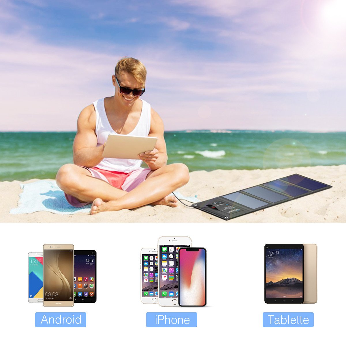 Poweradd Panneau Solaire Pliable 24W, Deux Ports Cachés de Sortie 4.8A Total Chargeur Solaire Imperméable de Haute Conversionet et Deux Câble USB Inclus pour iPhone, Androids et des Tablettes, etc.