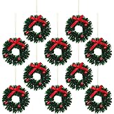 10 Pieces Mini Artificial Christmas Wreaths Ornaments, Dollhouse Miniature Christmas Wreath Doll House Mini Xmas Wreath for Dollhouse Door Windows Christmas Tree Decoration (Red Bowknot)
