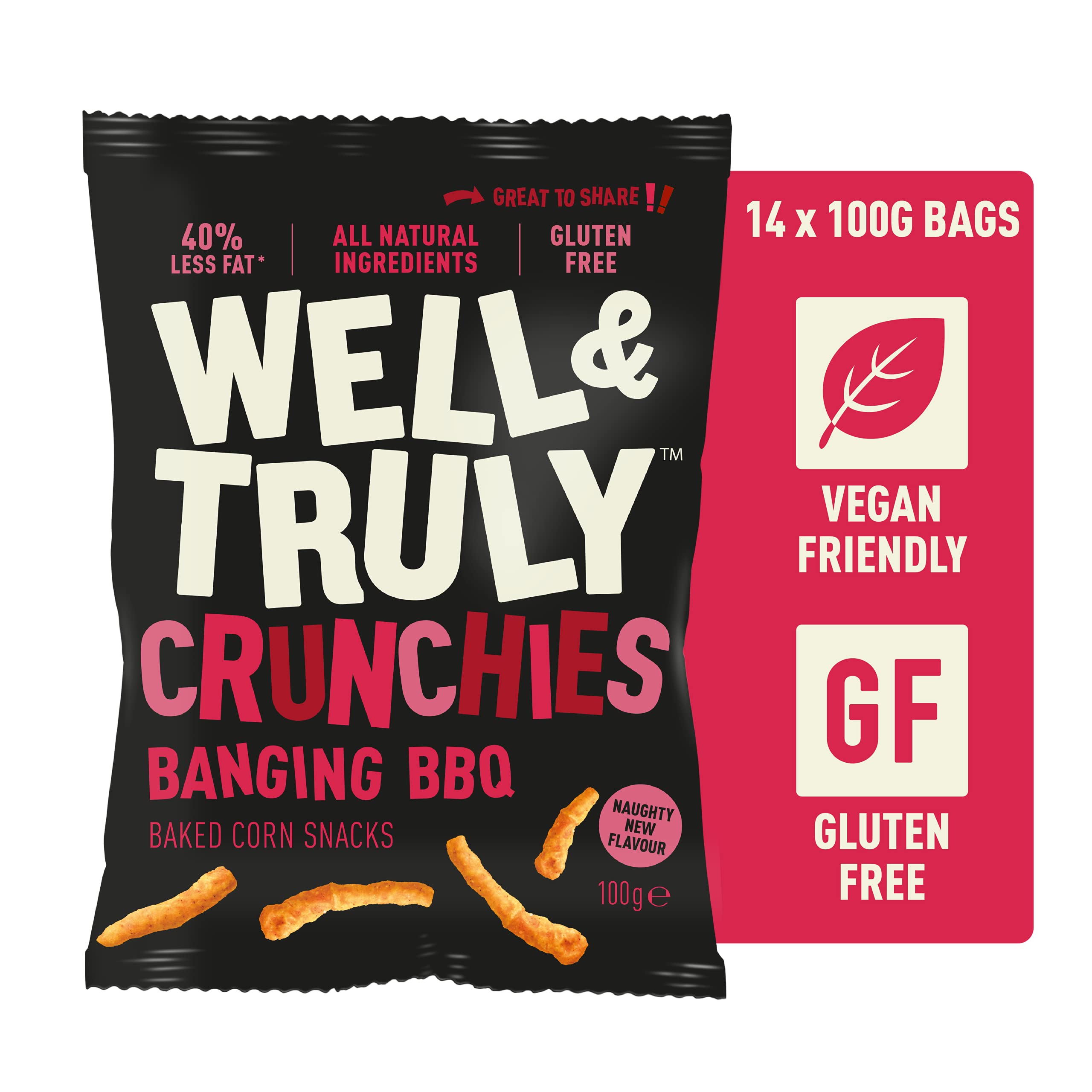 WELL&TRULY: Banging BBQ | Baked Corn Snacks - Gluten Free - Vegan & Plant Based - No Added Sugar - Less Fat - Healthy Snack - (Box of 14 Bags, 100g Each)