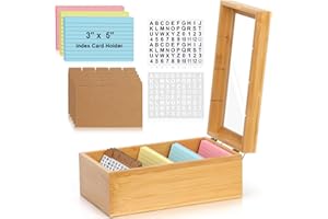 DLUGOPIS 3x5 Index Card Holder with Dividers Bamboo Index Card Organizer Index Card Storage Box 150 Index Flash Cards 25 Index Cards Dividers 2 Letter Smile Stickers for Office Business Home (3 x 5 Inches)
