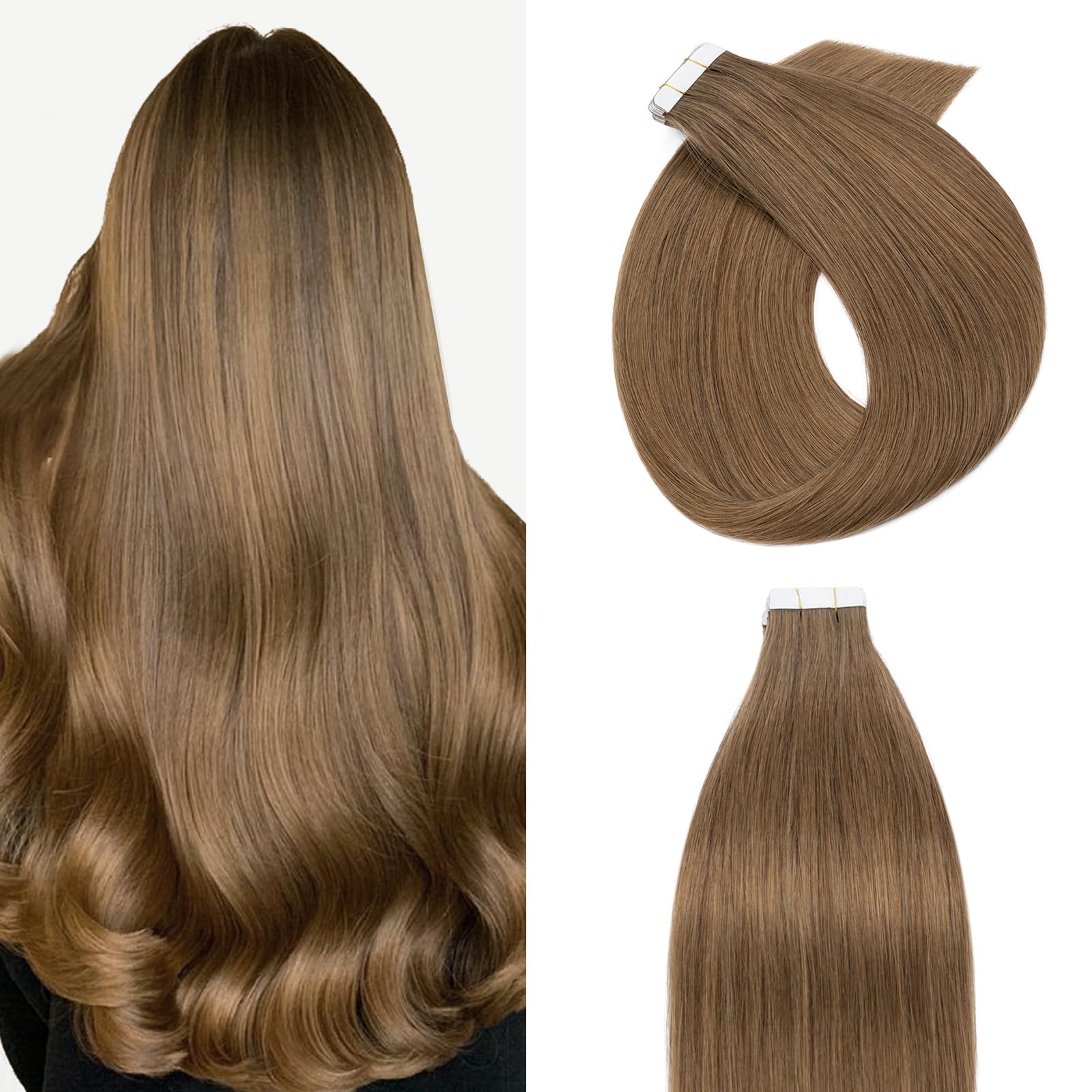 18" Tape in Hair Extensions #06 Light Brown 20pcs 50g 100% Real Remy Human Hair Straight Skin Weft Tape on Pieces Hair Extension