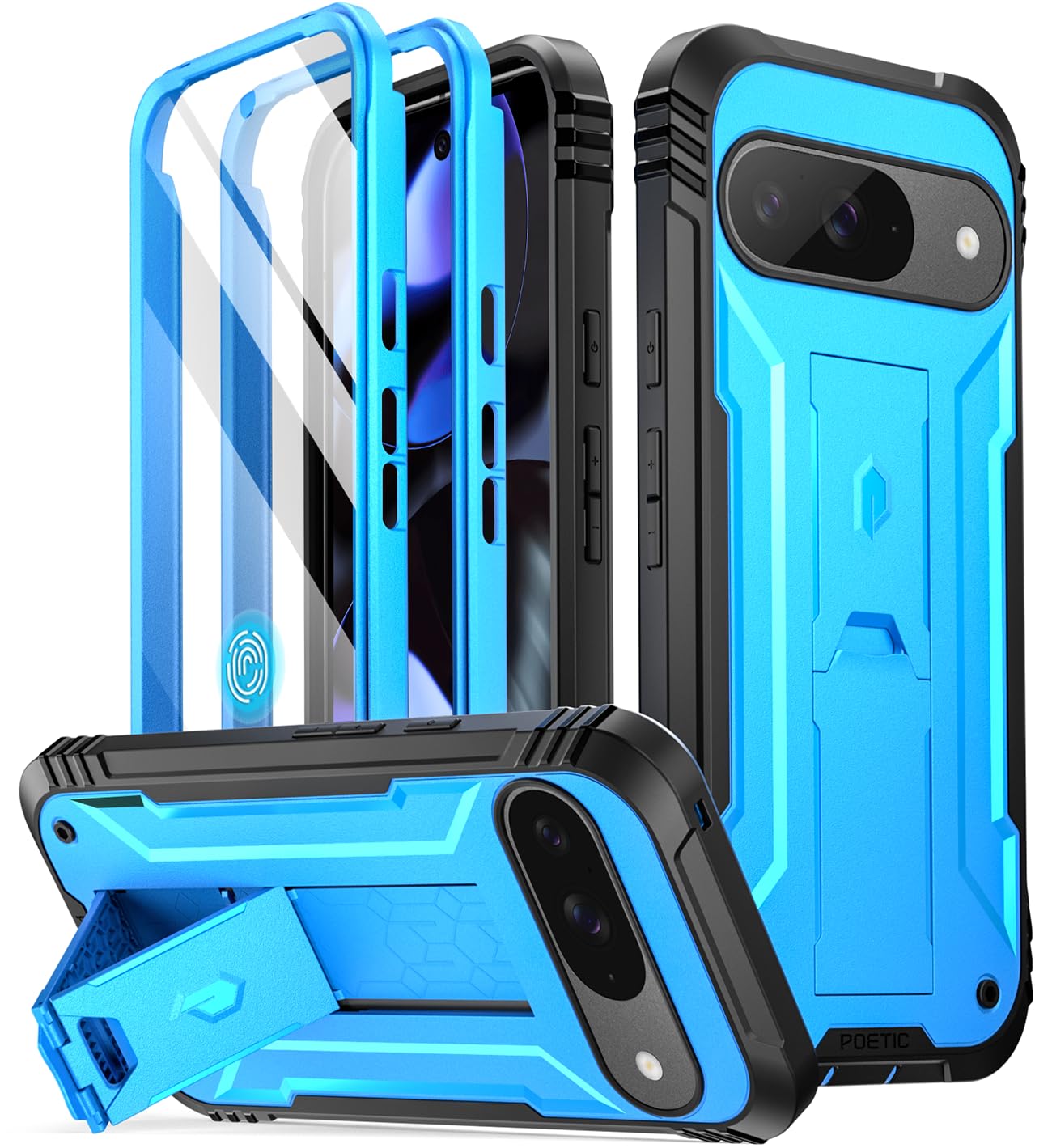 Poetic Revolution Case for Google Pixel 9/9 Pro 5G, Built-in Screen Protector Work with Fingerprint ID, Full Body Military Grade Rugged Shockproof Protective Cover Case with Kickstand, Light Blue — image 1