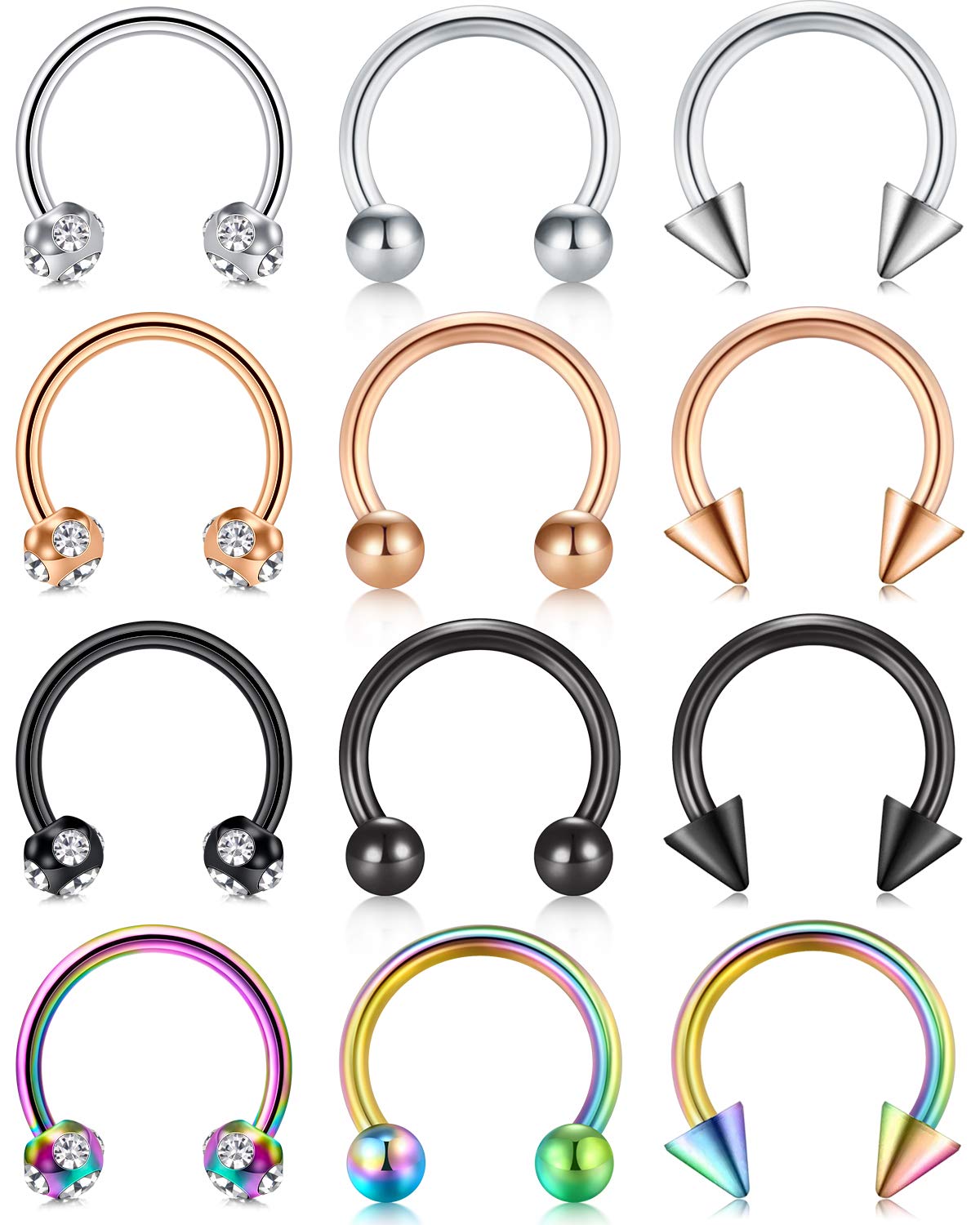 Rajnard Septum Rings 16G Surgical Steel Nose Hoop Rings 12 Pcs Horseshoe Ring Daith Helix Tragus Lip Cartilage Earrings Body Piercing with top CZ & Opale Jewelry Women Men