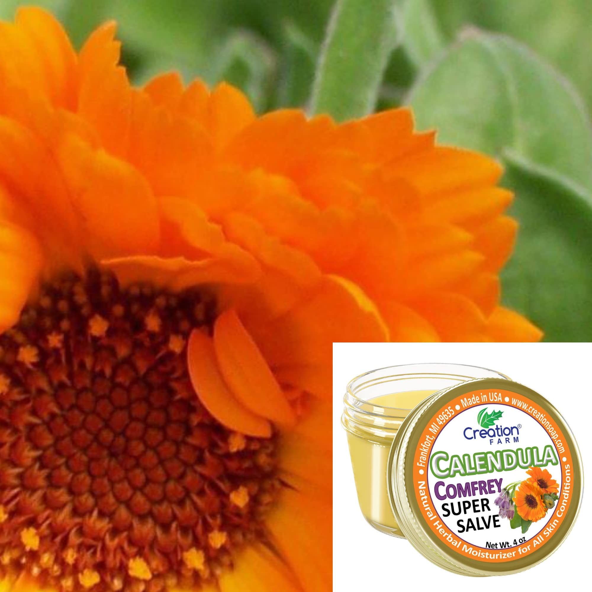 Creation Farm Calendula Comfrey Super Salve 8OZ- (2-4 oz Jars) Balm Soothes Baby Bottoms, Hand Cream for Dry Cracked skin, Tattoos and Beards Grown and Made in USA from Real Herbs