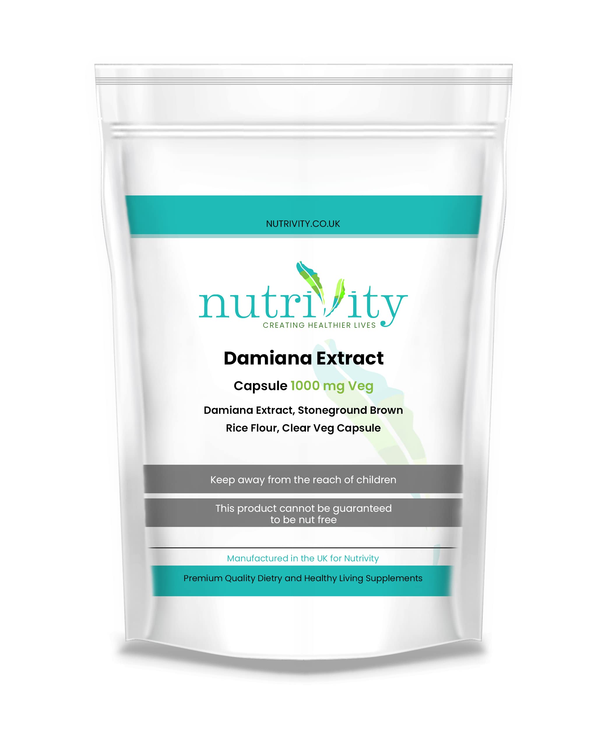 Damiana Extract 1000mg High Strength Veg Capsules | Headache, Fatigue & Tiredness | Natural Aphrodisiac Supplement | GMP Standard Manufactured | Made in The UK by Nutrivity (60)