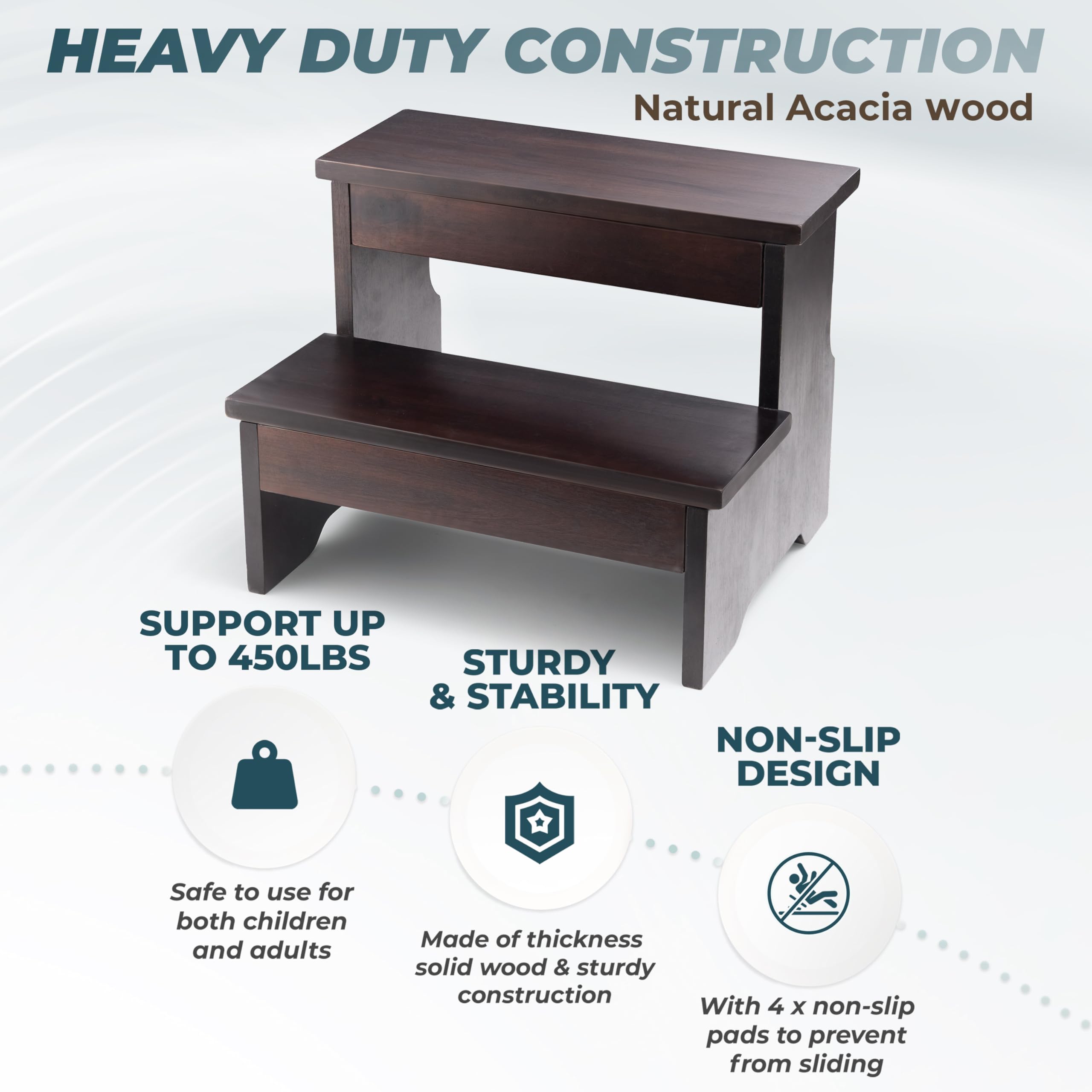 Wooden Two Step Stool, Heavy Duty 2-Step Ladder for Adults & Kids, Supports up to 450lbs for Kitchen, Bathroom or Bedside Use (Walnut Finish)