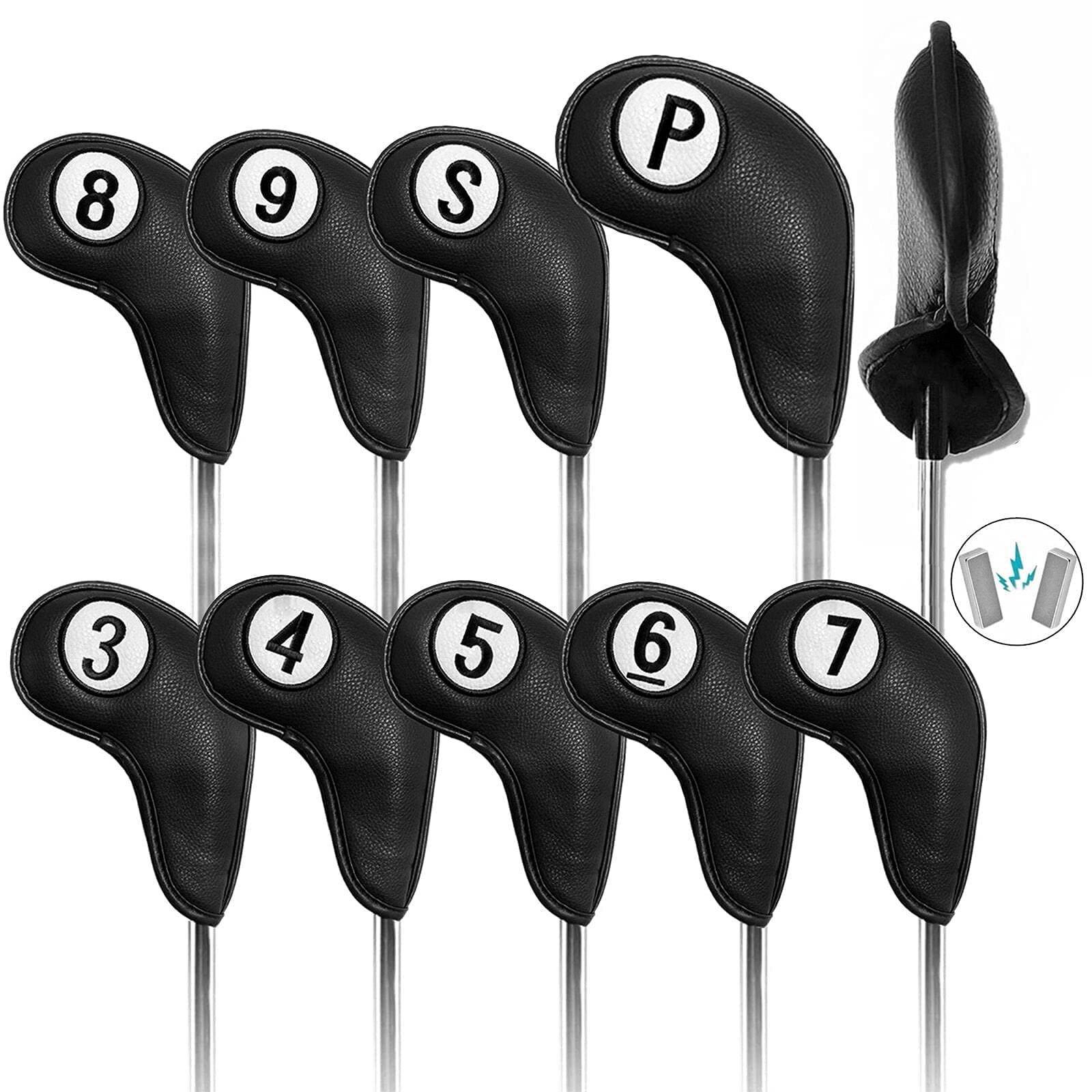 Golf Club Head Covers for Irons Magnetic Closure Long Neck Value 9pcs/Set, Number Printed both Sides Headcovers Deluxe Synthetic Leather Professional (Black)