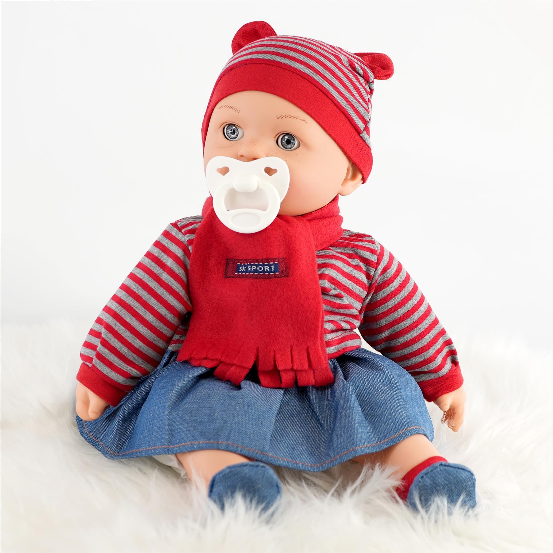 The Magic Toy Shop BiBi Doll 16-Inch Baby Doll with 16 Sounds, Dummy & Blinking Eyes – Realistic Newborn Girl with Soft Vinyl Limbs & Removable Red Outfit – for Girls Ages 18 Months+