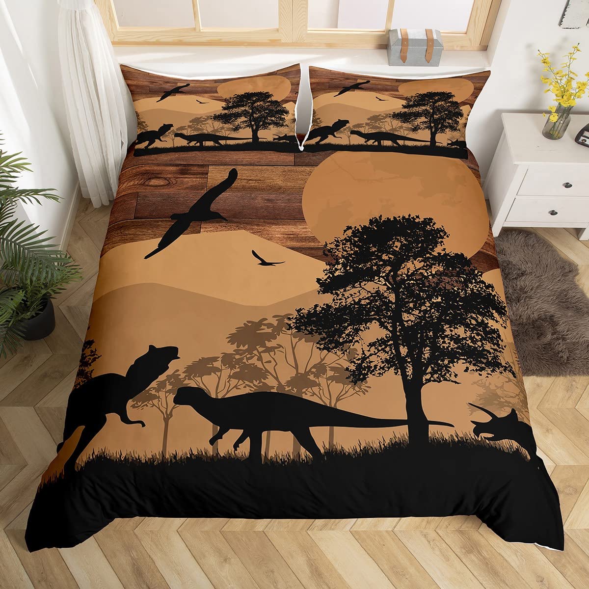 Rustic Duvet Cover Set Super King Size, Wild Animal Comforter Cover with 2 Pillowcases, Dinosaur Rhinoceros Bedding Set 3pcs for Kids Boys Teens Bedroom Decor, Black Tree Silhouette Bedspread Cover — image 1