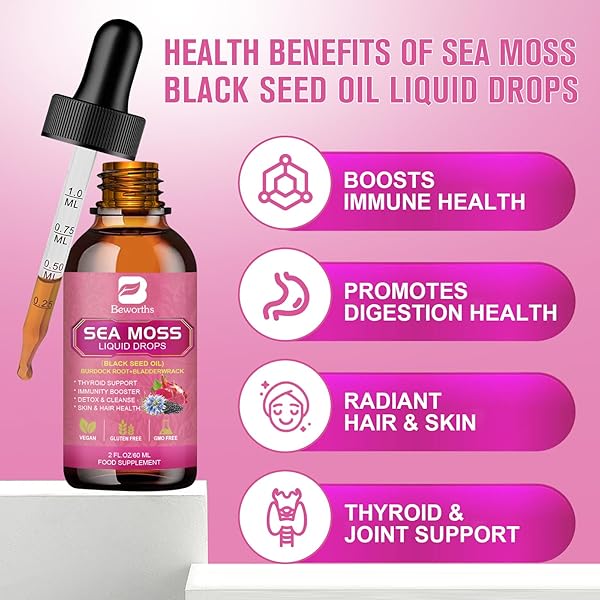 B BEWRTHS SEA MOSS LIQUID DROPS – BLACK SEED OIL & IRISH SEA MOSS GEL WITH BURDOCK ROOT BLADDERWRACK, ELDERBERRY, 6X STRONGER QRGANIC SEAMOSS RAW SUPPLEMENT FOR DIGESTIVE, HAIR HEALTH – VEGAN, 2 FL.OZ