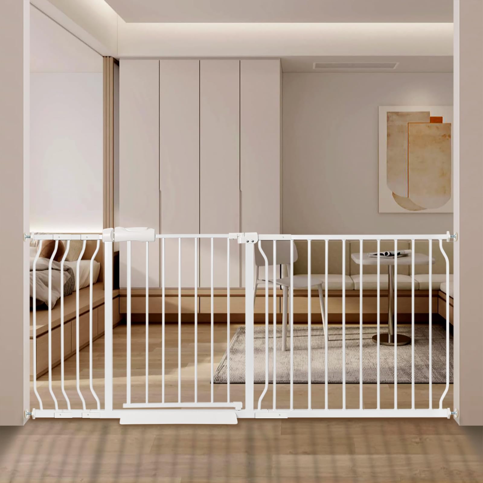 Photo 1 of Extra Wide Baby Gate with Door Pressure Mounted 66.92-71.65 Inch,Child Baby Gates for Doorways No Drilling,Walk Through Dog Gate Indoor for The House Kitchen Stairs,White