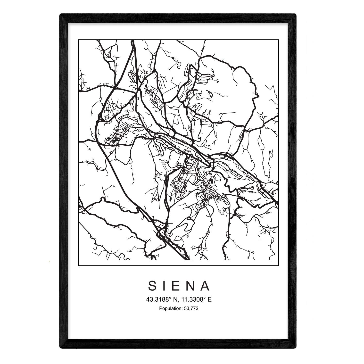 Blade Siena city map Nordic style black and white. Poster A4 Printed paper No 250 gr. Paintings, prints and posters for living room and bedroom