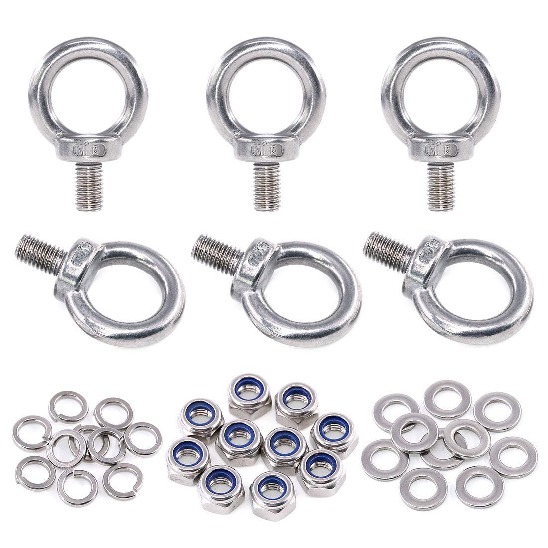 Swpeet 36Pcs 304 Stainless Steel M8 Male Thread Lifting Ring Eye Bolt Kit, Including 6Pcs M5 Eye Bolt with 10Pcs Lock Nuts, 10Pcs Lock Washers and 10Pcs Flat Washers