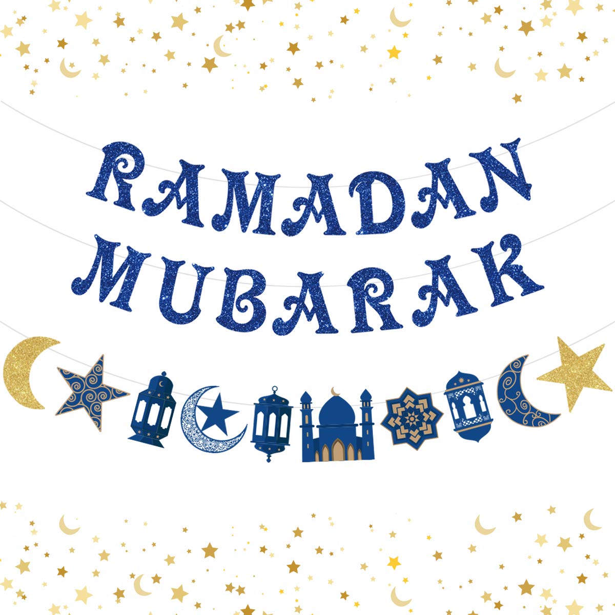 JOYMEMO Ramadan Mubarak Bunting Banner, Eid Mubarak Decorations for Home, Blue Glitter Muslim Islamic Party Decoration with Star and Moon Garlands for Ramadan Kareem Party Supplies