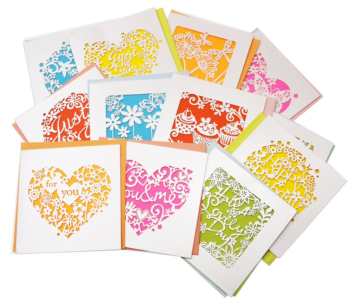 RayLineDo® 12pcs Assorted Design and color Blank Greetings Cards with Envelopes Cutout Gift Card Folding Cards for Wedding, Graduation, Bridal and Baby Shower, Birthday, Valentine and Christmas