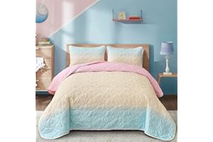XRUIBED Kids Quilt Set King Ombre Beige Quilt Set Girls Bedding Set 3PCs Summer Reversible Lightweight Microfiber Bedspread Coverlet Sets for All Season (104''x90'')