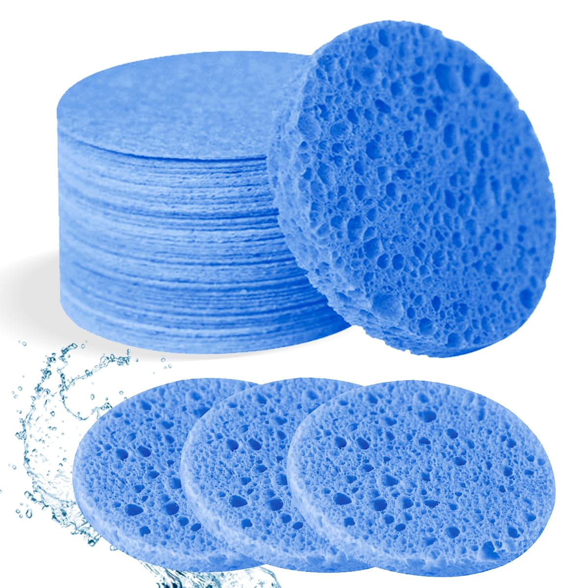 Spunspon 50-Count Facial Sponges Compressed Natural Cellulose Sponge Round Shape Face Sponge for Face Cleansing Exfoliating and Makeup Removal, Blue — image 1