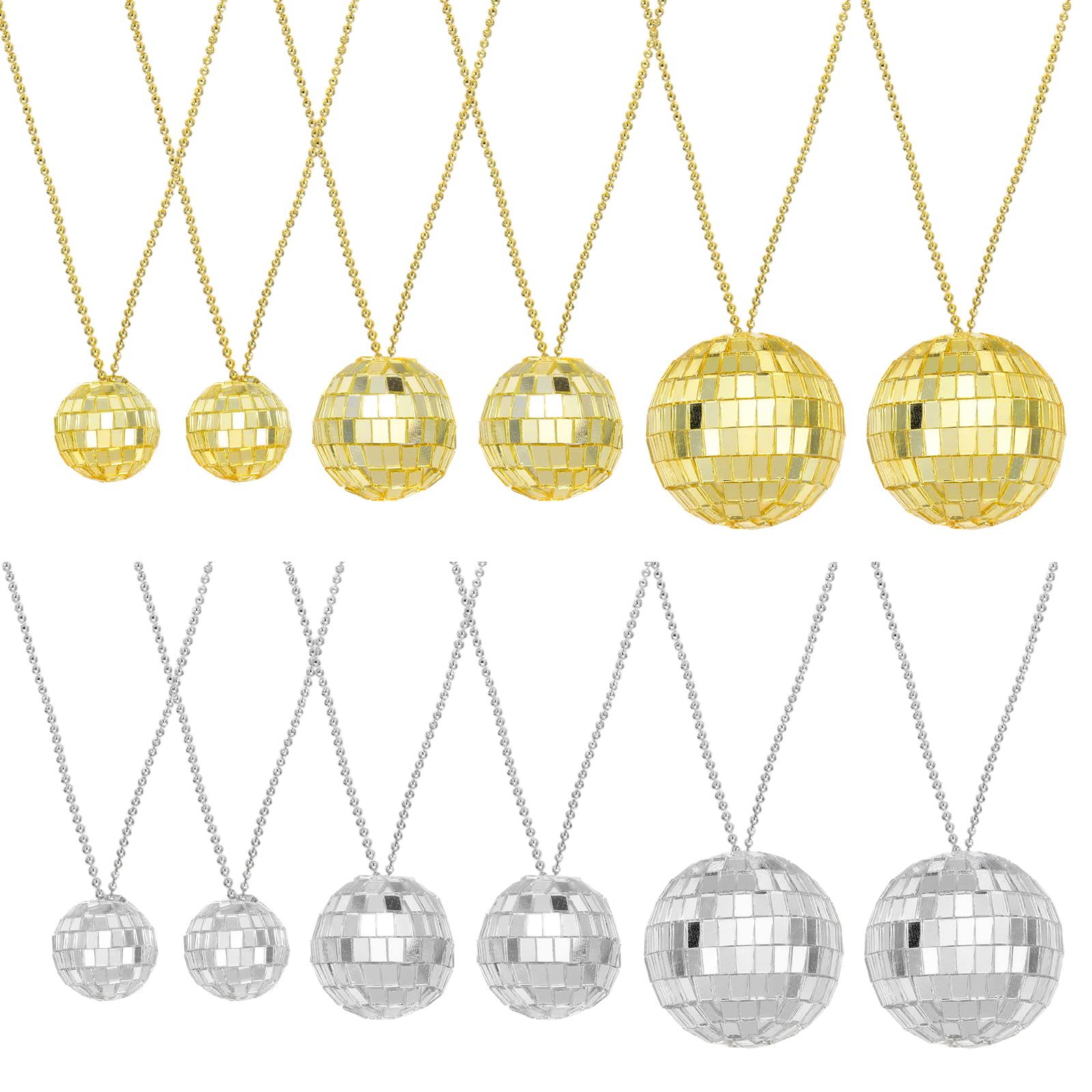 sourcing map Mirror Disco Ball Necklace, 1.2"/1.5"/2" 70s Disco Party Necklaces for Costume Game Dance Supplies Birthday Parties Festival Jewelry Accessories, (Silver/Gold, Pack of 12)