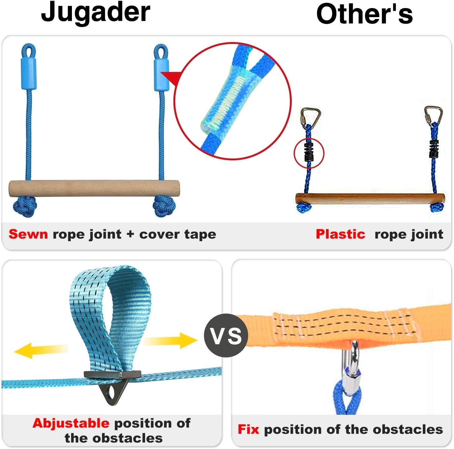 Jugader Ninja Warrior Obstacle Course for Kids 50FT Ninja Slackline with Ladder, Monkey Bars, Gym Rings, Rope Knots (Ninja Line + Slack Line): Toys & Games